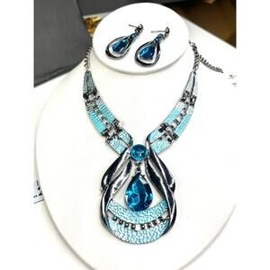 NEW Aqua Blue Topaz Rhinestone Enamel 16" 18" 20" Necklace Earrings Set Lot AU06